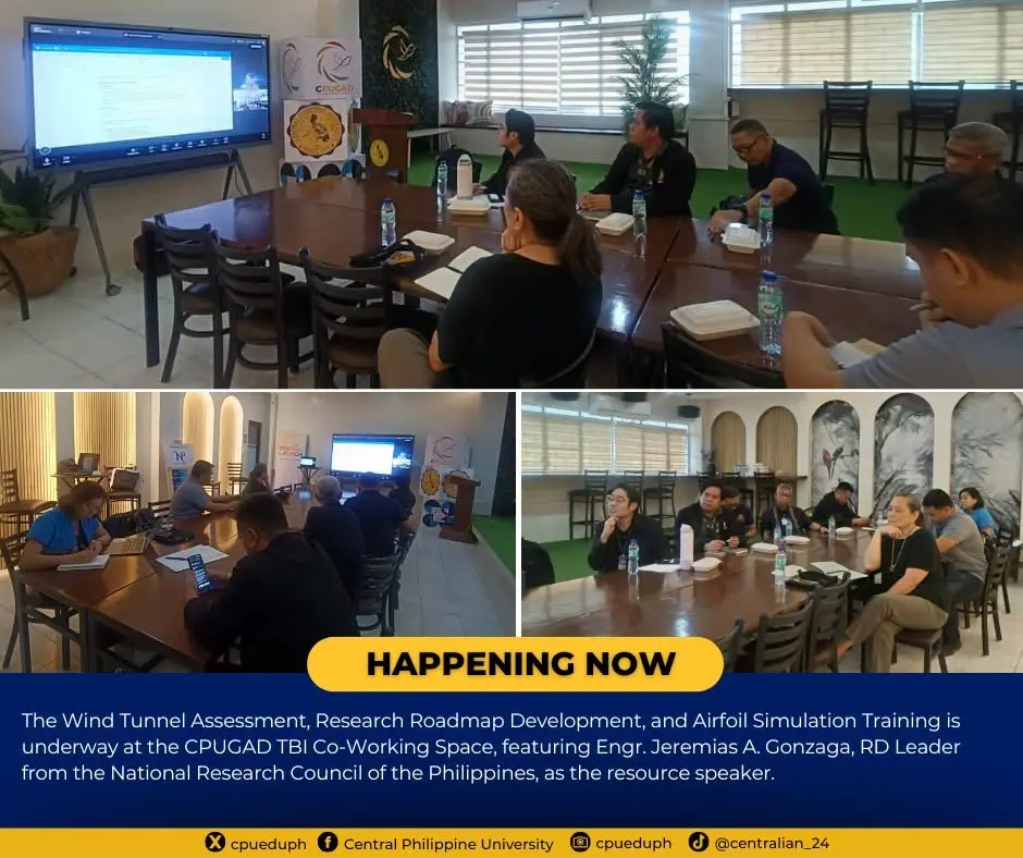𝐇𝐀𝐏𝐏𝐄𝐍𝐈𝐍𝐆 𝐍𝐎𝐖: The Wind Tunnel Assessment, Research Roadmap Development, and Airfoil Simulation Training is underway at the CPUGAD TBI Co-Working Space (hybrid setup)