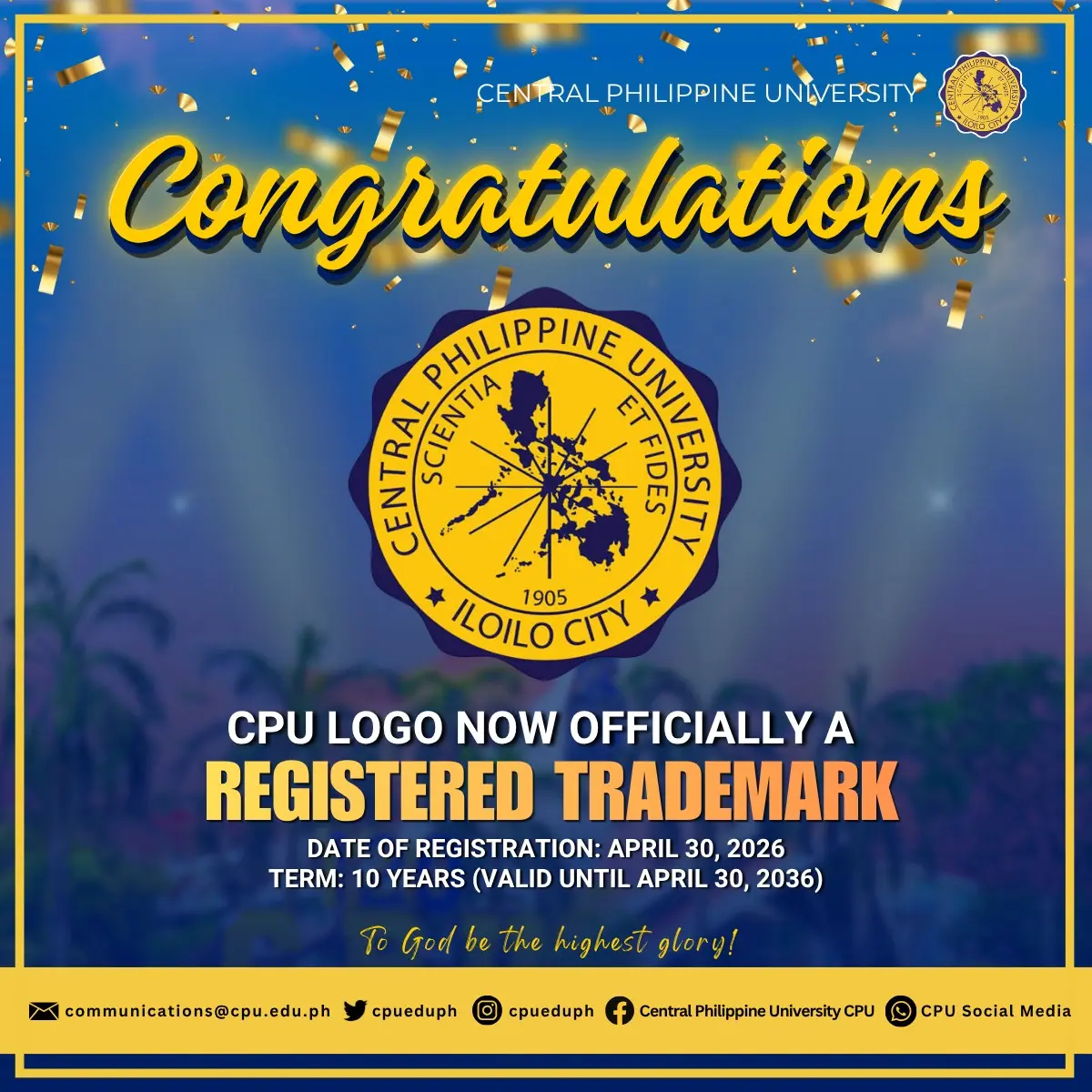 CPU secures Trademark Registration for official university logo