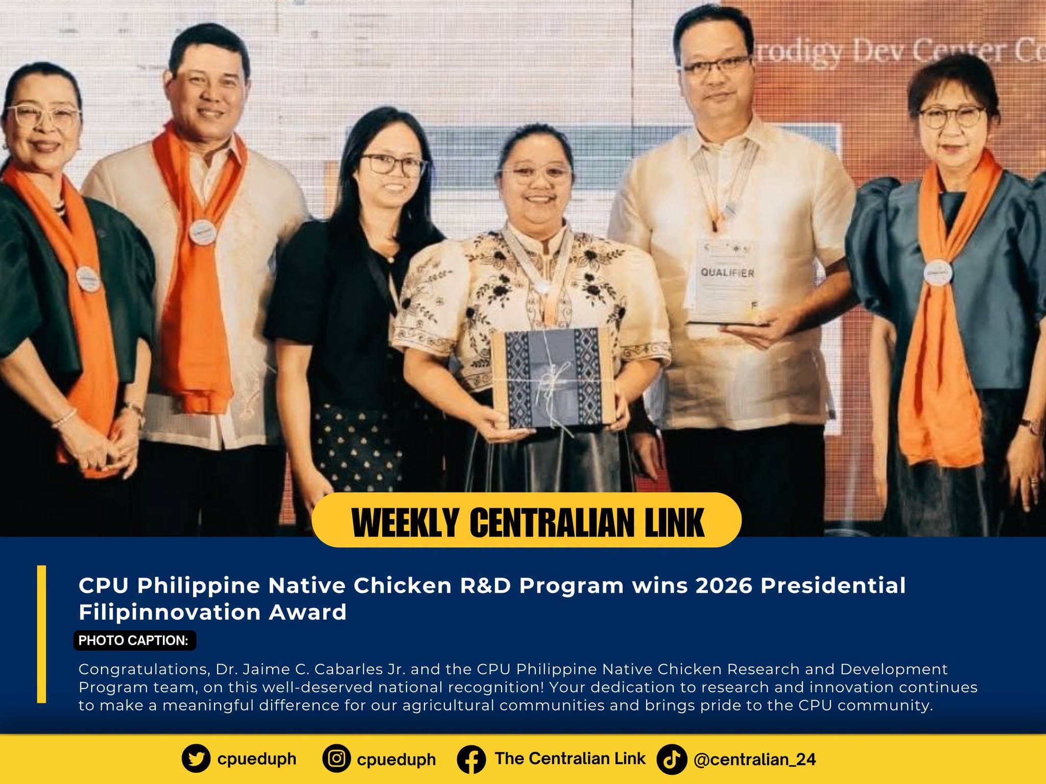 CPU Philippine Native Chicken R&D Program wins 2026 Presidential Filipinnovation Award